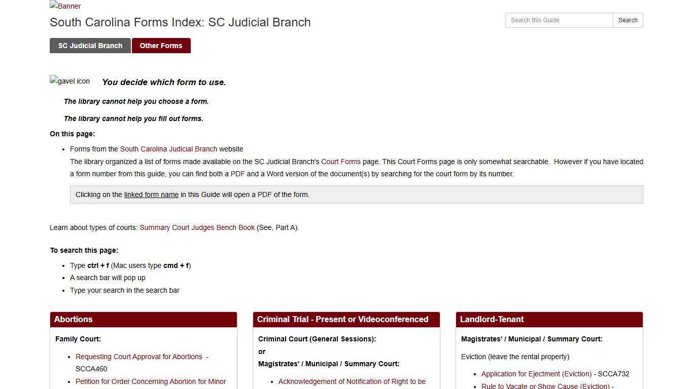 SC Judicial Branch - South Carolina Forms Index - LibGuides at University of South Carolina School of Law